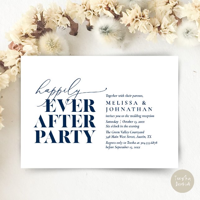 Convite Feliz Festa Depois, Recepção de casamento Moderna (Happily Ever After Party, Modern Wedding Reception Dinner Invitation Card pdf Navy Blue)