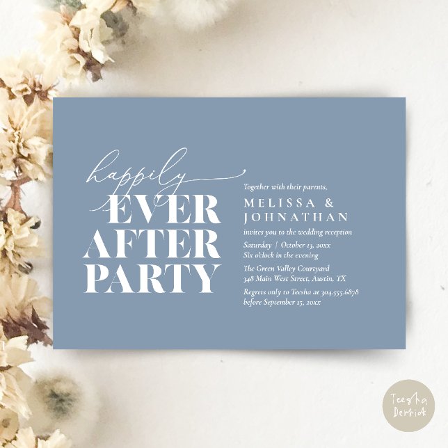 Convite Feliz Festa Depois, Recepção de casamento Moderna (Happily Ever After Party, Modern Wedding Reception Dinner Invitation Card pdf Dusty Blue)