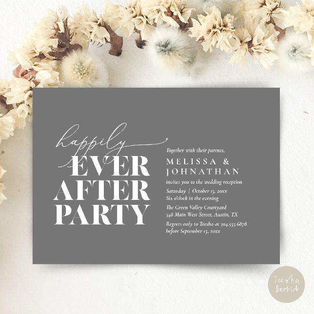 Convite Feliz Festa Depois, Recepção de casamento Moderna (Happily Ever After Party, Modern Wedding Reception Dinner Invitation Card pdf Dark Grey)