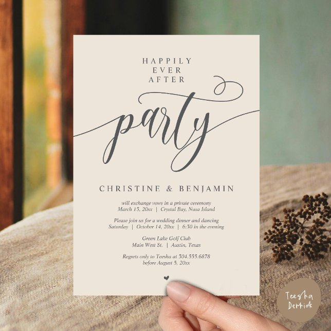 Convite Feliz Festa Depois, Script Moderno (Happily Ever After Dinner Party, Modern Script Wedding Reception Invitation Card, PDF, Cream Grey)