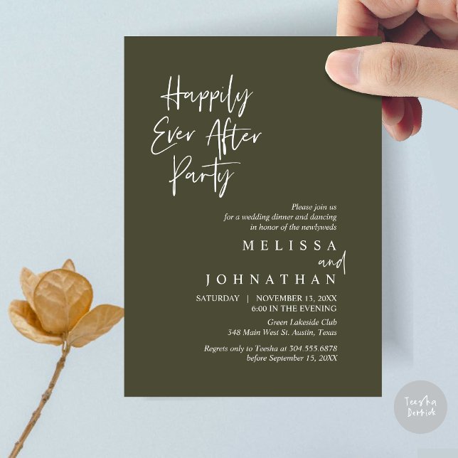 Convite Feliz Festa, Janto de Elopemento de Casamento (Happily Ever after Party, Wedding Elopement Dinner Invitation Card, PDF, in Olive Green)