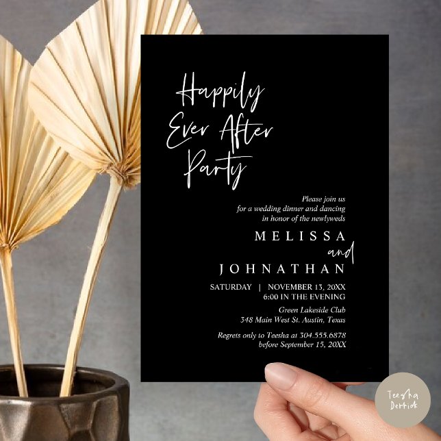 Convite Feliz Festa, Janto de Elopemento de Casamento (Happily Ever after Party, Wedding Elopement Dinner Invitation Card, PDF, in Classy Black)
