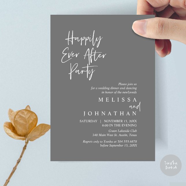 Convite Feliz Festa, Janto de Elopemento de Casamento (Happily Ever after Party, Wedding Elopement Dinner Invitation Card, PDF, in Dark Grey )