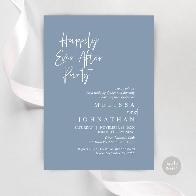 Convite Feliz Festa, Janto de Elopemento de Casamento (Happily Ever after Party, Wedding Elopement Dinner Invitation Card, PDF, in Dusty Blue)