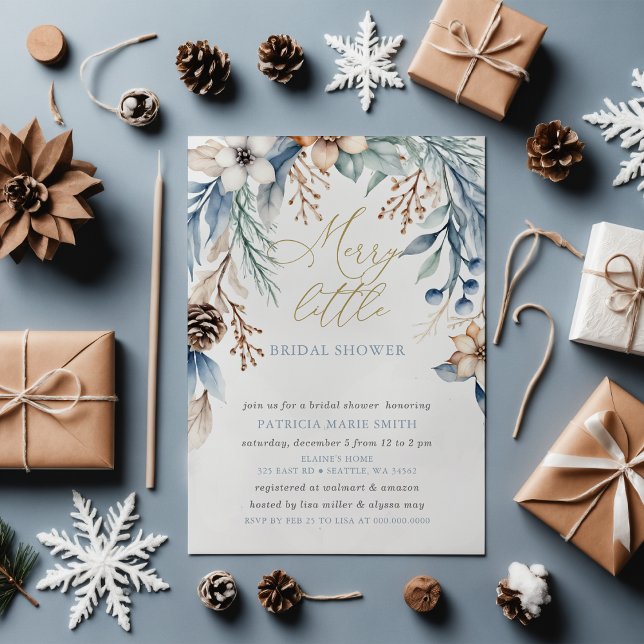 Convite Feliz Floral de inverno Pequeno Chá de panela (Christmas Winter Floral Merry Little Bridal Shower Invitation)