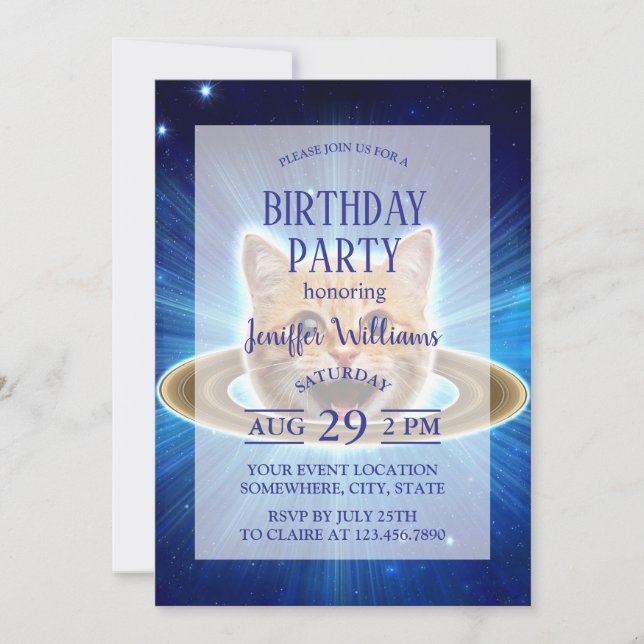 Convite Feliz gato no espaço. (Frente)