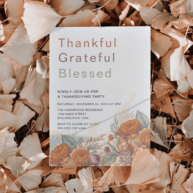 Convite Feliz Grateful Bendito Festa de Ação de Graças (Rustic Fall Autumn Watercolor Floral Thankful Grateful Blessed Thanksgiving Party Dinner Invitation)