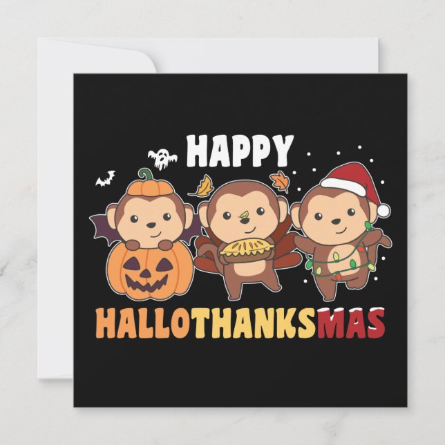 Convite Feliz Hallothanksmas Macaco de Natal Macacos Invi (Frente)