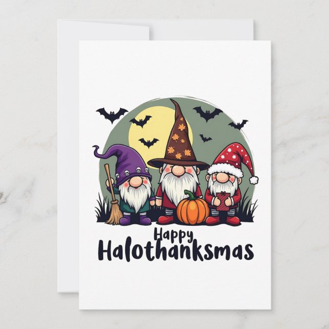Convite Feliz Hallothanksmas Xmas Halloween Gnomos (Frente)