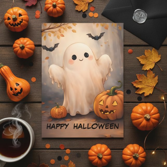 Convite Feliz Halloween! Adorável Fantasma Amigável e Abób (Criador carregado)