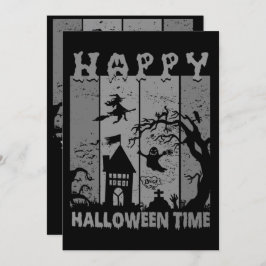 Convite Feliz Halloween Bruxa Casa Fantasma Cemitério B&W