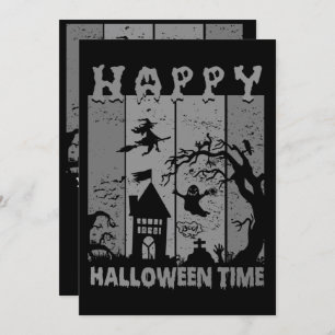 Convite Feliz Halloween Bruxa Casa Fantasma Cemitério B&W