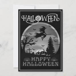 Convite Feliz Halloween Bruxa de Vassoura Cinza Preta Cemi