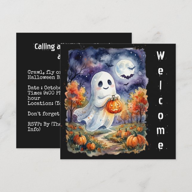 Convite Feliz Halloween - Fantasma Amigável Aquarela (Frente/Verso)