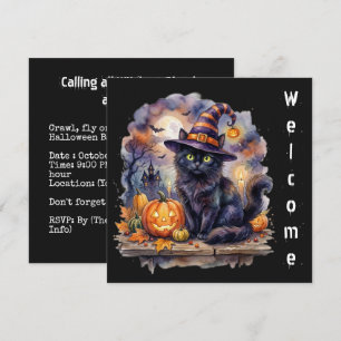 Convite Feliz Halloween - Gato Preto Aquarela