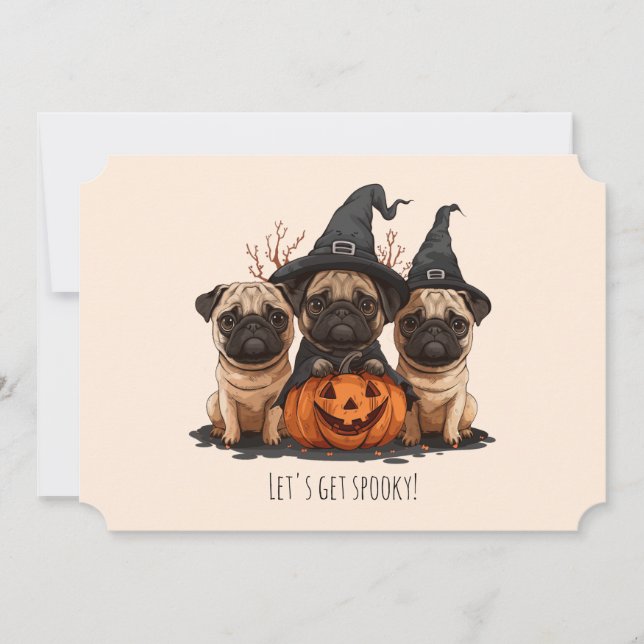 Convite Feliz Halloween Pugs Jack O Lanternas (Frente)