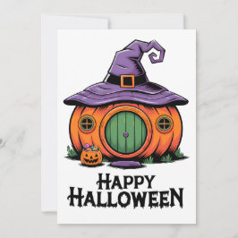 Convite Feliz Halloween Pumpkin Cottage & Witch Hat Roof
