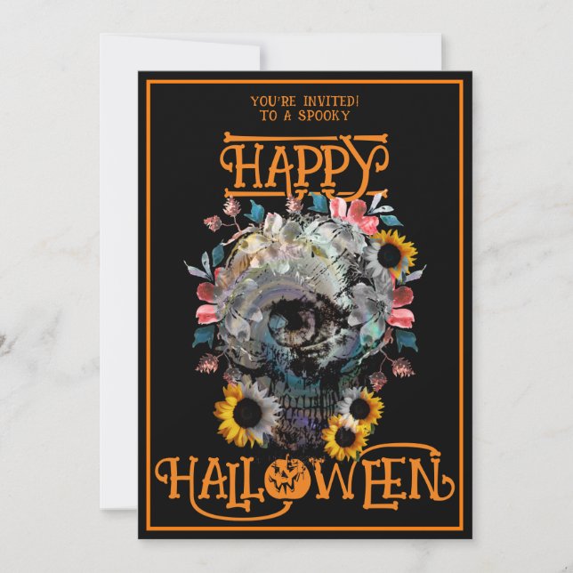 Convite Feliz Halloween Skull Floral Party Black Orangas (Frente)