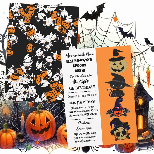 Convite Feliz Halloween Spooky Bash Jack Black Cat Anivers (Cute Halloween Spooky Bash Jack Black Cat Birthday Invitation)