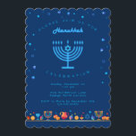 Convite Feliz Hanukkah Bela Festa Judaica<br><div class="desc">Convite de Feliz Hanukkah Cartão de Férias Judaicas Lindas. Cartão de fundo das Férias Judaicas Chanukkah com símbolos decorativos tradicionais da Chanuka - dreidels de madeira (pião), donuts, hanukkiah menorá, velas, estrela de David e papel de parede de luzes brilhantes padrão dourado. Decoração do Evento do Festival de Luzes de...</div>
