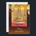 Convite Feliz Hanukkah Belo Natal Judaico Menorah<br><div class="desc">Feliz Hanukkah Belo Cartão de Convite para Férias Judaicas. Antecedentes judeus do Hanukkah com símbolos tradicionais do Chanukah - Dourado Menorah, Hanukkiah Candelabrum e velas, sonhos de madeira (rodando no topo), rosquinhas, estrela de David e padrão de papel de parede luminoso brilhante. Decoração do Festival Chanucá. Jerusalém, Israel. Convites e...</div>