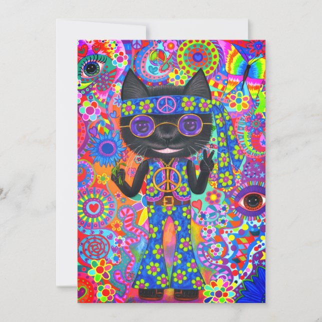 Convite Feliz Hippie Cat Óculos escuros Sinal de paz Flor (Frente)