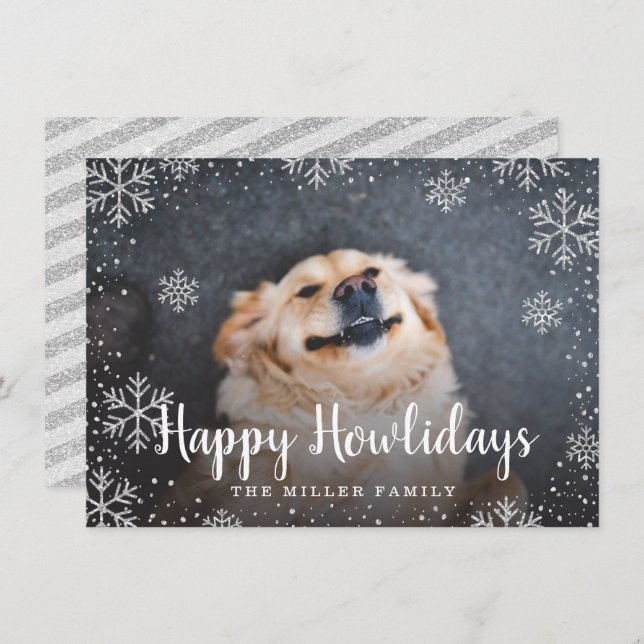 Convite Feliz Howlidays Silver Snowflakes Pet Foto (Frente/Verso)