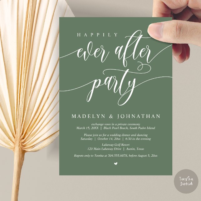 Convite Feliz Janto de Casamento de Festa, Cobre (Happily Ever After Party, Modern Calligraphy Wedding Dinner Invitation Card, PDF, in Sage Green)