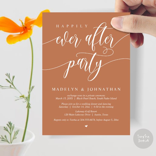 Convite Feliz Janto de Casamento de Festa, Cobre (Happily Ever After Party, Modern Calligraphy Wedding Dinner Invitation Card, PDF, in Copper)