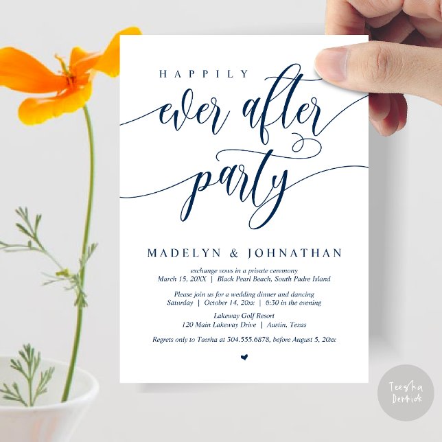 Convite Feliz Janto de Casamento de Festa, Marinho Azul (Happily Ever After Party, Modern Calligraphy Wedding Dinner Invitation Card, PDF, in Navy Blue)