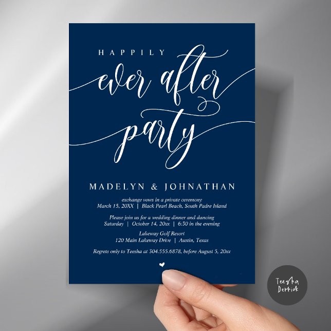 Convite Feliz Janto de Casamento de Festa, Marinho Azul (Happily Ever After Party, Modern Calligraphy Wedding Dinner Invitation Card, PDF, in Navy Blue)