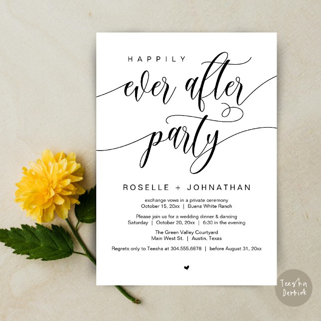 Convite Feliz Janto de Casamento Moderno do Partido (Happily Ever After Party Modern Wedding Dinner Dancing Invitation Card PDF White Black)