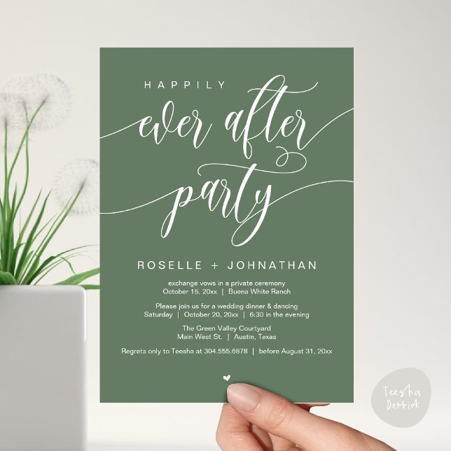 Convite Feliz Janto de Casamento Moderno do Partido (Happily Ever After Party Modern Wedding Dinner Dancing Invitation Card PDF Sage Green Greenery)