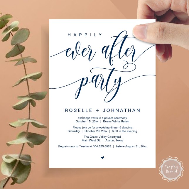 Convite Feliz Janto de Casamento Moderno do Partido (Happily Ever After Party Modern Wedding Dinner Dancing Invitation Card PDF Navy Blue)