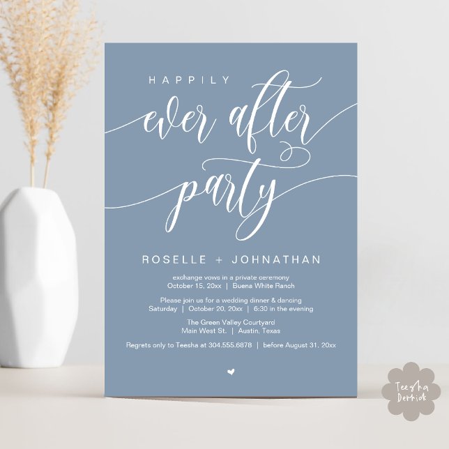 Convite Feliz Janto de Casamento Moderno do Partido (Happily Ever After Party Modern Wedding Dinner Dancing Invitation Card PDF Dusty Blue)