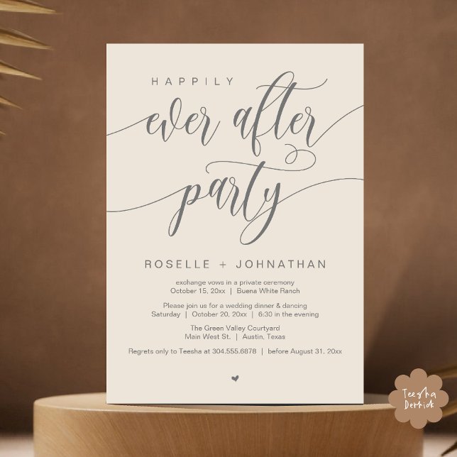 Convite Feliz Janto de Casamento Moderno do Partido (Happily Ever After Party Modern Wedding Dinner Dancing Invitation Card PDF Cream Grey)