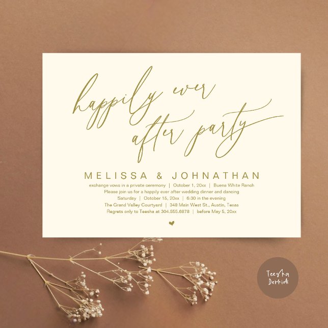 Convite Feliz Janto de Casamento Moderno do Partido (Happily Ever After Party Modern Romantic Wedding Dinner Party Invitation Card PDF Yellow Gold)