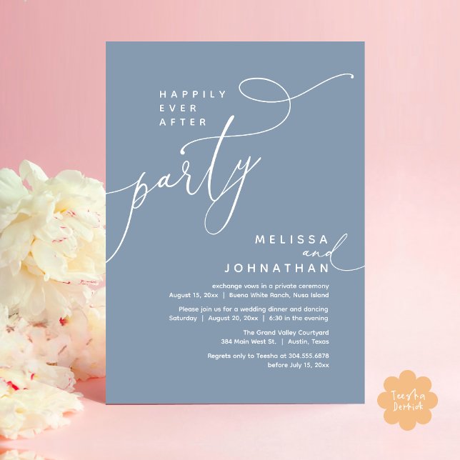 Convite Feliz Janto de Elopemento de Casamento de Festas (Romantic Happily Ever After Party Modern Wedding Elopement Dinner Invitation Card PDF Dusty Blue)