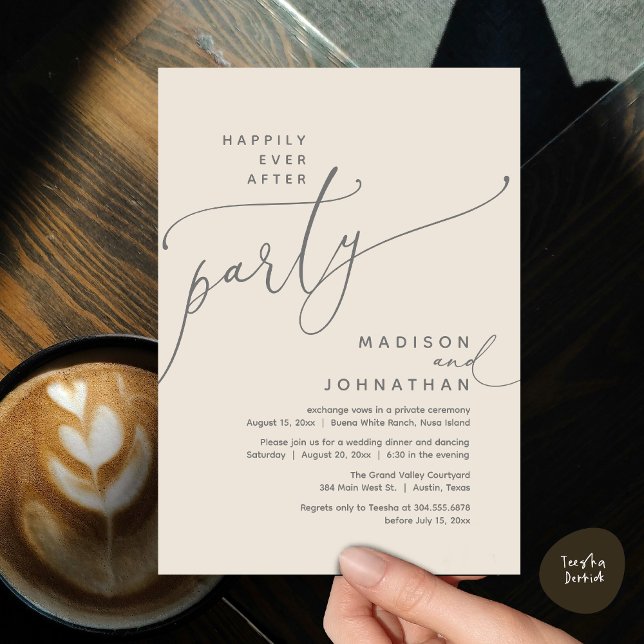 Convite Feliz Janto de Elopemento de Casamento de Festas (Romantic Happily Ever After Party Modern Wedding Elopement Dinner Invitation Card PDF Cream Grey)