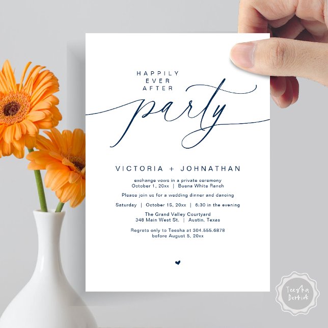 Convite Feliz Janto de Elopemento de Casamento de Festas (Romantic Happily Ever After Party Modern Wedding Elopement Dinner Invitation Card PDF Navy Blue)