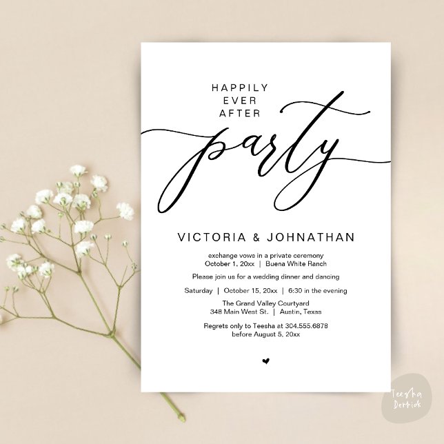 Convite Feliz Janto de Elopemento de Casamento de Festas (Romantic Happily Ever After Party Modern Wedding Elopement Dinner Invitation Card PDF White Black)