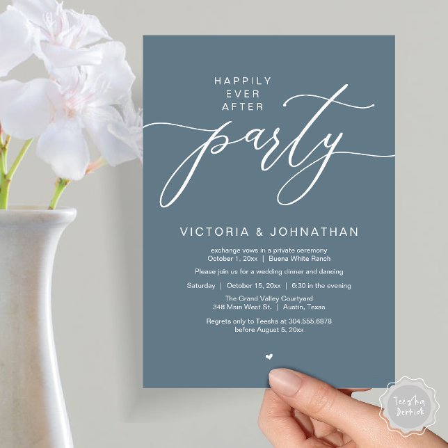 Convite Feliz Janto de Elopemento de Casamento de Festas (Romantic Happily Ever After Party Modern Wedding Elopement Dinner Invitation Card PDF Dusty Blue)