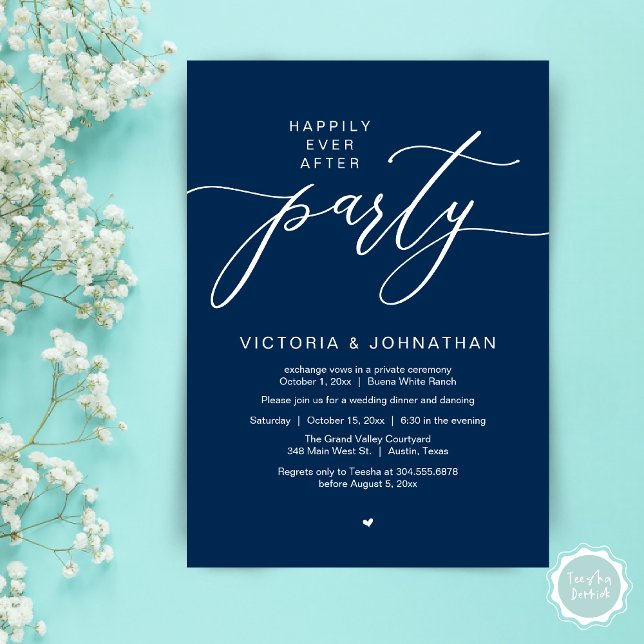 Convite Feliz Janto de Elopemento de Casamento de Festas (Romantic Happily Ever After Party Modern Wedding Elopement Dinner Invitation Card PDF Navy Blue)