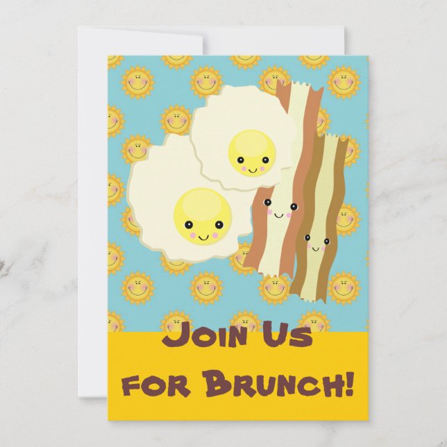 Convite feliz kawaii  ovos bacon brunch café da manhã (Frente)