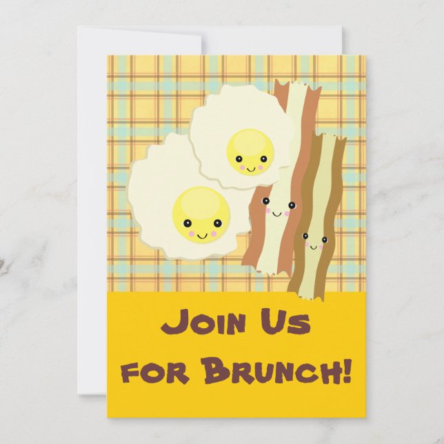 Convite feliz kawaii  ovos bacon brunch café da manhã (Frente)