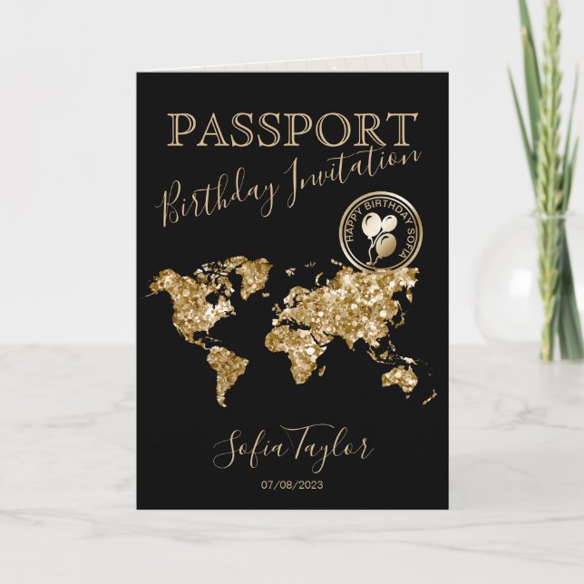 Convite Feliz Mapa de Passaportes de Aniversário a Qualque (Frente)