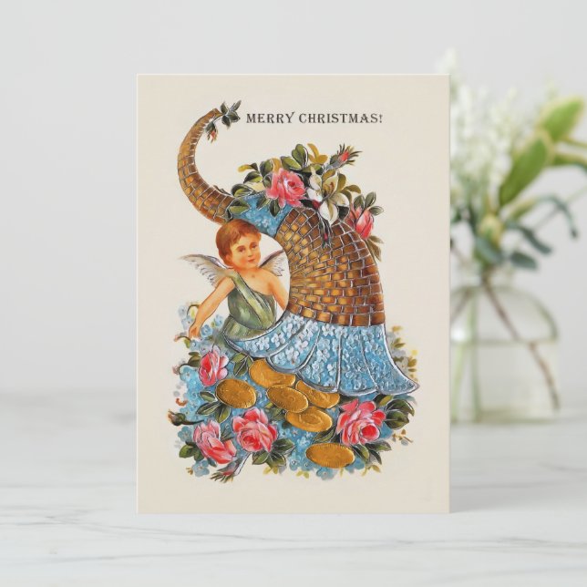 Convite Feliz Natal Angel Coins Cornucopia Rosas (Em pé/Frente)