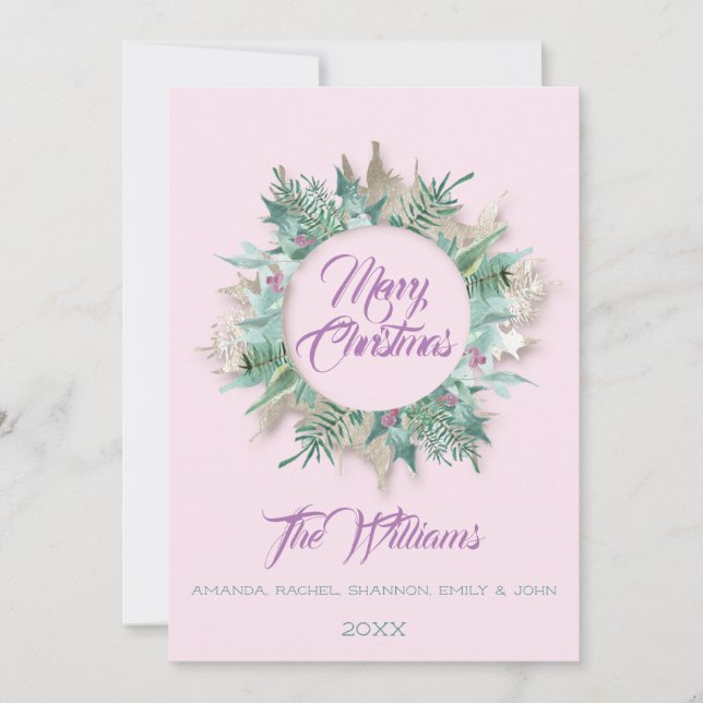 Convite Feliz Natal Belly Wreath Monograma Púrpura Rosa (Frente)