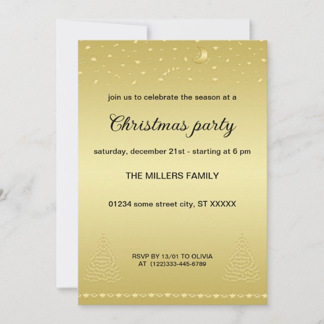 Convite Feliz Natal, Dourada e brilhante árvore de Natal (Frente)