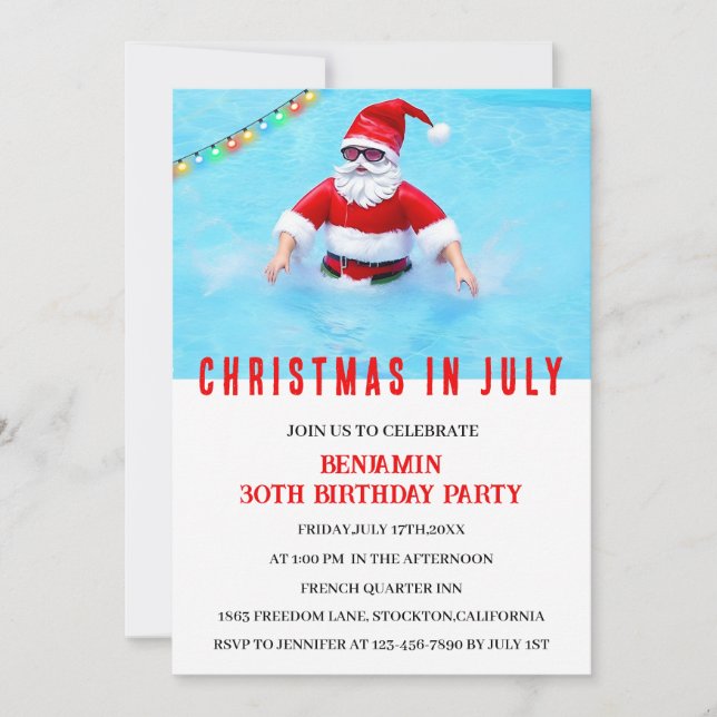 Convite Feliz Natal Em Julho Festa De Piscina De Aniversár (Frente)
